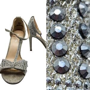 Silver Stone Studded Princess Bow Embellished Strappy Stiletto Pumps Heels 7.5
